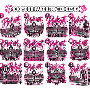 Puede incluir: Una colecci&oacute;n de doce dise&ntilde;os gr&aacute;ficos para camisetas, cada uno con un jugador de f&uacute;tbol americano con el n&uacute;mero 23 en un campo, con el texto Pink out y Mascot. Los dise&ntilde;os incorporan acentos rosas e im&aacute;genes de estadios.