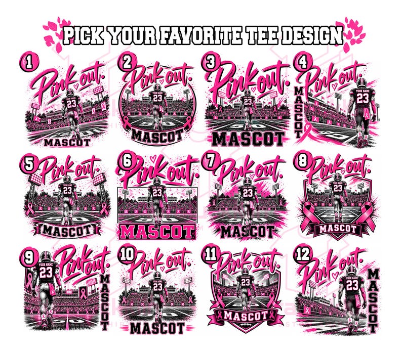 Puede incluir: Una colecci&oacute;n de doce dise&ntilde;os gr&aacute;ficos para camisetas, cada uno con un jugador de f&uacute;tbol americano con el n&uacute;mero 23 en un campo, con el texto Pink out y Mascot. Los dise&ntilde;os incorporan acentos rosas e im&aacute;genes de estadios.