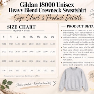 Puede incluir: Una tabla de tallas y detalles del producto para la sudadera Gildan 18000 Unisex Heavy Blend Crewneck. La tabla enumera anchos, largos y largos de manga en pulgadas para las tallas S a 5XL. El texto detalla la composici&oacute;n de la tela y construcci&oacute;n.