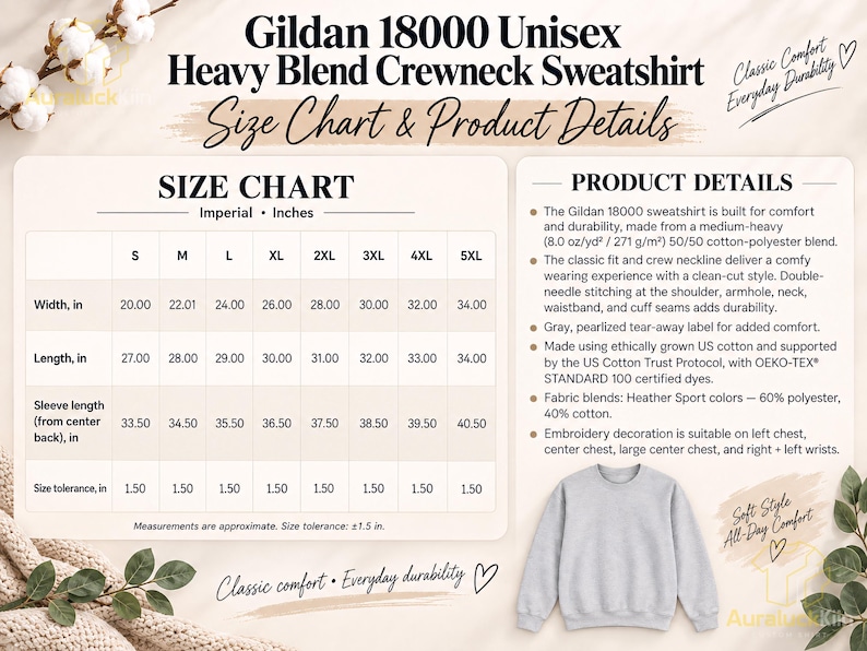 Puede incluir: Una tabla de tallas y detalles del producto para la sudadera Gildan 18000 Unisex Heavy Blend Crewneck. La tabla enumera anchos, largos y largos de manga en pulgadas para las tallas S a 5XL. El texto detalla la composici&oacute;n de la tela y construcci&oacute;n.