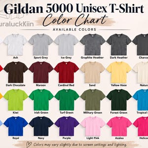 Puede incluir: Una carta de colores de camisetas unisex Gildan 5000 que muestra treinta y dos camisetas de manga corta en varios colores, incluyendo blanco, gris, negro, rojo, marr&oacute;n, granate, arena, amarillo, naranja, oro, verde, azul, morado, rosa y coral.