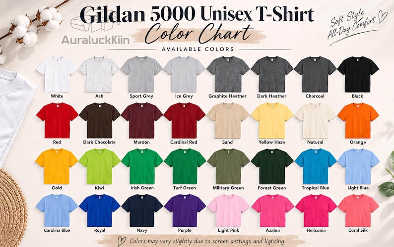 Puede incluir: Una carta de colores de camisetas unisex Gildan 5000 que muestra treinta y dos camisetas de manga corta en varios colores, incluyendo blanco, gris, negro, rojo, marr&oacute;n, granate, arena, amarillo, naranja, oro, verde, azul, morado, rosa y coral.