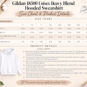Puede incluir: Una sudadera con capucha blanca con un bolsillo frontal y cordones a juego. La imagen incluye una tabla de tallas con medidas imperiales en pulgadas para las tallas S a 5XL, y detalles del producto sobre la tela de 50% algod&oacute;n y 50% poli&eacute;ster.