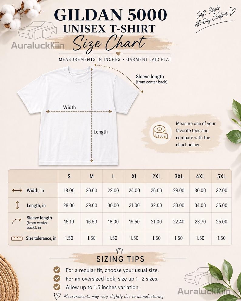 Puede incluir: Una tabla de tallas para camiseta unisex Gildan 5000 que muestra medidas en pulgadas para tallas de la S a la 5XL. El gr&aacute;fico incluye una ilustraci&oacute;n de una camiseta blanca con indicadores de ancho, largo y manga, adem&aacute;s de consejos de talla.