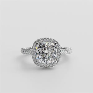 Cushion Cut Moissanite Hidden Halo Engagement Ring in 925 Sterling Silver, Double Pave Band Cathedral Solitaire Ring, Bridal Ring for Her