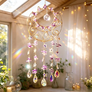 Celestial Cat Suncatcher, Amethyst Sun Moon Window Hanging, Purple Crystal Rainbow Maker, Witchy Cat Lover Gift