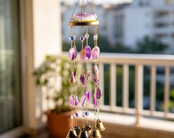 Amethyst Agate Wind Chime, Purple Crystal Bell Chime, Boho Balcony Patio Decor, Gemstone Window Hanging