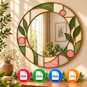 May include: A round wall mirror with a decorative stained glass frame featuring green leaf motifs, pink circular accents, and textured cream panels encased in a thin gold metal border. Four circular file format icons labelled PDF, SVG, PNG, and JPG are below.