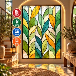 May include: A rectangular stained glass window panel featuring a repeating vertical leaf pattern in shades of green, yellow, and teal. The design is divided by black lead lines, creating a botanical motif that allows light to pass through.