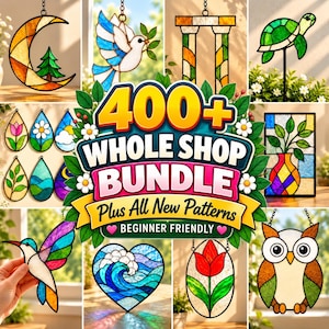 May include: A digital collection of stained glass patterns featuring a crescent moon with a pine tree, a dove, a turtle, a vase, a hummingbird, a heart with waves, a tulip, and an owl, with text reading 400+ WHOLE SHOP BUNDLE.