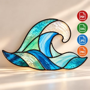 May include: A stained glass wave design featuring segments of textured blue, teal, and white glass held together by dark metal lines. To the right, four circular icons are stacked vertically, each containing the text PDF, SVG, JPG, or PNG.
