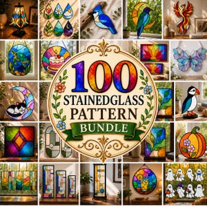 May include: A digital collection of 100 stained glass patterns featuring diverse designs including a phoenix, butterfly, turtle, cat on a moon, pumpkin, and ghosts. The central graphic displays the text 100 STAINEDGLASS PATTERN BUNDLE.