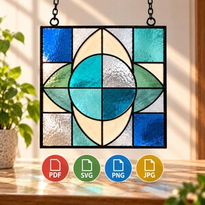May include: A square stained glass panel featuring a geometric design with a central circle and four petal-like shapes in shades of blue, teal, and white. The panel is framed in black metal and includes four circular icons labeled PDF, SVG, PNG, and JPG.