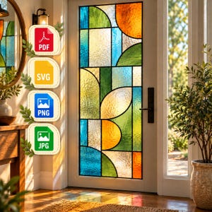 May include: A door with a stained glass panel featuring geometric shapes in blue, green, orange, and yellow textured glass. Four file format icons labeled PDF, SVG, PNG, and JPG are displayed vertically on the left side of the image.