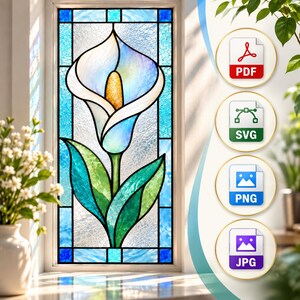 May include: A rectangular stained glass window panel featuring a central white and blue calla lily with a yellow spadix and green leaves. The background consists of textured clear glass framed by blue borders. Four circular file icons show PDF, SVG, PNG, and JPG.