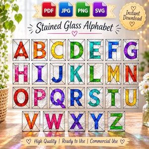 May include: A digital graphic featuring the Stained Glass Alphabet with letters A through Z in vibrant colours. Each letter is encased in a rectangular frame with a textured glass effect. The text reads Stained Glass Alphabet, PDF, JPG, PNG, SVG.