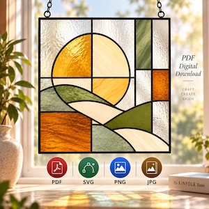 May include: A square stained glass panel featuring a geometric landscape design with a yellow sun, green hills, and amber sections. The text reads PDF Digital Download, CRAFT CREATE ENJOY, and includes icons for PDF, SVG, PNG, and JPG file formats.