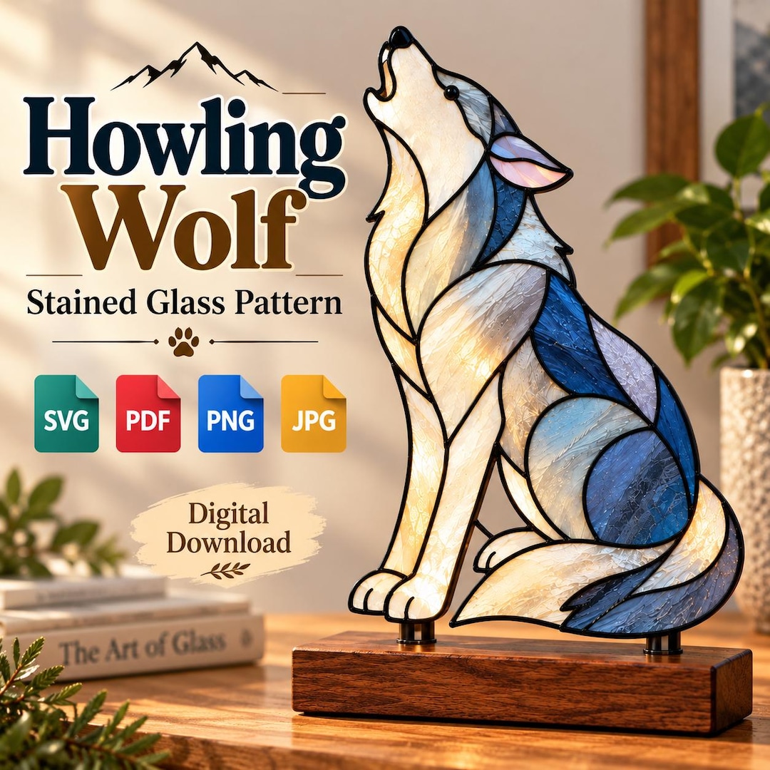 Howling Wolf Stained Glass Pattern, Wolf Suncatcher Template, Wildlife ...