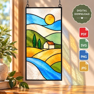 May include: A rectangular stained glass panel featuring a landscape with a yellow sun, blue sky, green hills, a small white house, and golden fields. The image includes text that reads DIGITAL DOWNLOAD, PDF, SVG, PNG, and JPG.