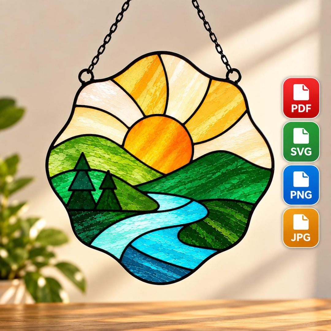 Landscape Stained Glass Pattern, Nature River Suncatcher Template ...