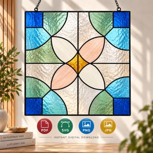 May include: A square stained glass panel featuring a geometric pattern of intersecting arcs and petals in shades of blue, green, white, and peach, with a central gold diamond. Below are four circular icons labeled PDF, SVG, PNG, and JPG.