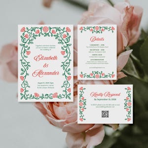 Floral Wedding Invitation Basic Set: Hand-drawn illustrations, garden, elegant, Canva digital template