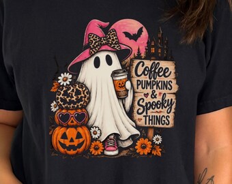 Coffee Pumpkins & Spooky Things Shirt, Cute Halloween Ghost Tee, Leopard Pumpkin Comfort Colors 1717 Fall T-Shirt Gift