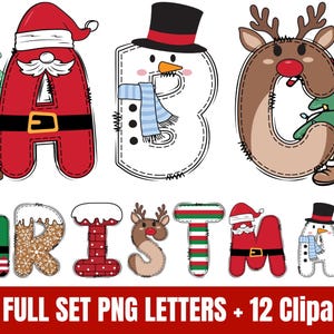 以下が含まれることがあります： サンタ、雪だるま、トナカイをモチーフにした文字A、B、Cと、クリスマスをテーマにした文字で綴られた「CHRISTMAS」のデジタルグラフィックセット。7 FULL SET PNG LETTERS + 12 Clipartというテキストが含まれています。
