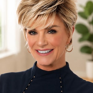 May include: A short, layered blonde wig with dark roots and textured, piecey bangs. The hair is styled in a voluminous, feathered cut that frames the face. The wig features a blend of light blonde highlights and darker lowlights for dimension.