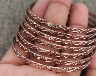 Floral Copper Bangle Set, Traditional Engraved Stackable Bracelets