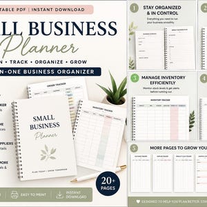 Könnte beinhalten: Ein druckbarer Planer für Kleinunternehmen mit einem spiralgebundenen Einband, der den Text Small Business Planner trägt. Das Set enthält verschiedene Tracking-Seiten für Bestellungen, Inventar, Ausgaben, Einnahmen und Kunden.