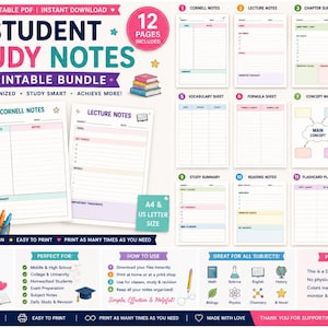 May include: A printable PDF bundle of 12 student study note pages in A4 and US letter sizes. The set includes Cornell notes, lecture notes, chapter summaries, revision notes, vocabulary sheets, formula sheets, concept maps, and Q&A note templates.
