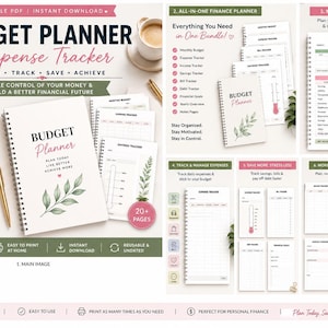 Könnte beinhalten: Ein druckbares Budgetplaner- und Ausgaben-Tracker-Set mit einer spiralgebundenen Abdeckung, Blattillustrationen und dem Text Budget Planner. Enthält Vorlagen für monatliche Budgets, Ausgaben, Einnahmen, Ersparnisse, Rechnungen und Schulden.