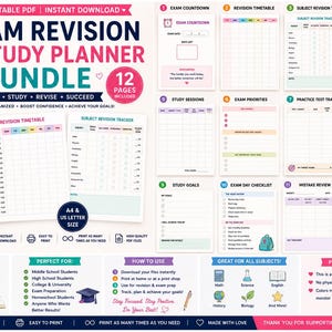 May include: A digital exam revision and study planner bundle featuring 12 printable pages in A4 and US letter sizes. The layout includes an exam countdown, revision timetable, subject tracker, study goals, and checklists with colorful accents.