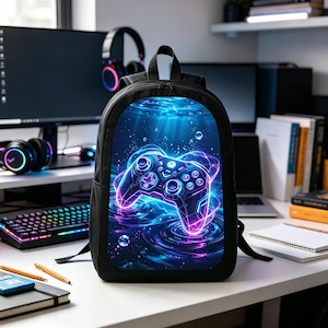 Neon Gaming Backpack, Cyber Game Controller Laptop Bag, Gamer Gift Backpack, Video Game School Backpack for Teens Adults