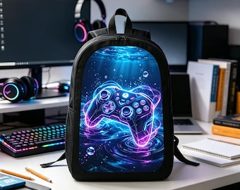 Neon Gaming Backpack, Cyber Game Controller Laptop Bag, Gamer Gift Backpack, Video Game School Backpack for Teens Adults