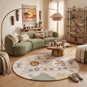May include: A round area rug featuring a tufted design of a train carrying a lion, an elephant, and a monkey. The rug is cream-colored with pastel green, yellow, and blue accents, depicting a landscape with hills, trees, and a sun in the background.