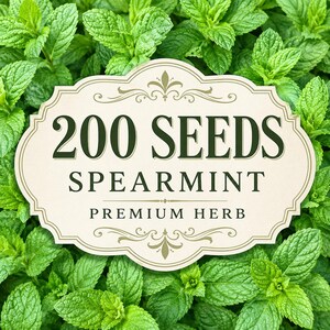 May include: A cream-coloured, ornate, scalloped-edge label centred over a background of vibrant green spearmint leaves. The text reads 200 SEEDS SPEARMINT PREMIUM HERB in dark green, decorative, serif typography with elegant flourishes.