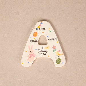 Puede incluir: Una placa en forma de letra A de color crema con ilustraciones coloridas de un conejo, pájaros, flores y banderines. El texto incluye 2H00, 53CM, 4.13KG y 4 January 2026. La superficie tiene una textura moteada con varios puntos pequeños.
