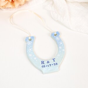 Custom Blue Snowflake Ceramic Horseshoe Ornament Winter Wedding Keepsake Personalized Initials Date Christmas Newlywed Lucky Gift