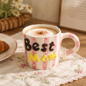 Puede incluir: Una taza de cerámica con un patrón de rayas rosas y blancas con pequeños detalles florales. La taza tiene un asa redondeada y letras tridimensionales en relieve de color marrón oscuro y amarillo que forman las palabras best Mom al frente.