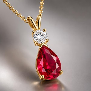 Puede incluir: Un collar con colgante de oro que presenta una piedra roja en forma de pera suspendida bajo una piedra clara redonda de talla brillante. El colgante está unido a una delicada cadena de oro, con ambas piedras sujetas por garras de oro.