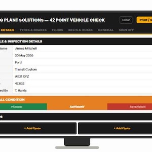 Pode incluir: Um monitor de computador exibindo um relatório de inspeção de veículo da JG Plant Solutions. O relatório inclui detalhes do veículo, detalhes da inspeção e uma avaliação geral da condição. O status é marcado como "Aprovado".