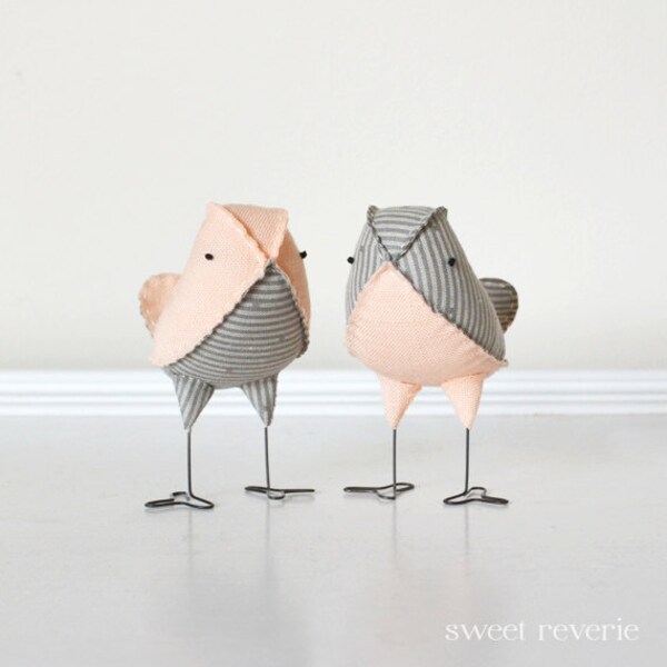 SALE Wedding Cake Topper Love Birds - Mini Grey Stripe and Pale Peach Wedding Birds, Spring Summer Wedding Decorations (Ready to Ship)