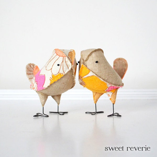 Wedding Cake Topper Love Birds - Mini Pink Orange Peach Tan Retro Floral Fabric Wedding Birds, Summer Wedding Decorations - Made to Order