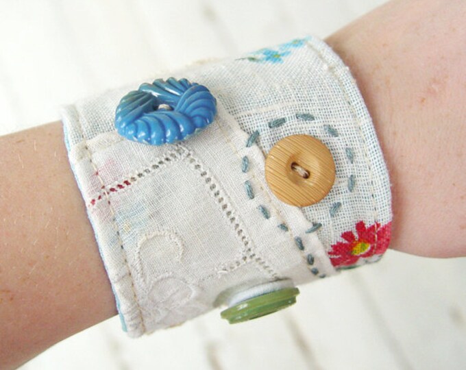 Vintage Fabric Wrist Cuff Textile Bracelet Salvaged Upcycled Lace and