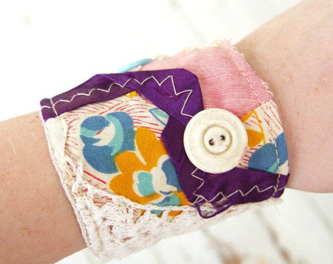 Vintage Fabric Wrist Cuff Textile Bracelet Salvaged Upcycled Etsy