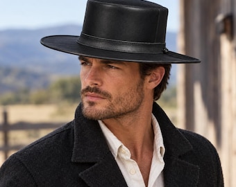 Schwarzer Fedora-Hut aus Leder, breitkrempig, aus echtem Rindsleder, knautschbar, Westernhut, Lederzylinder, Unisex