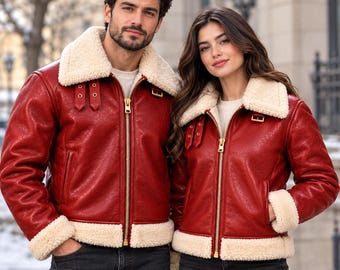Shearling-Jacke, roter Fliegermantel B3, Lammfellleder, Weihnachtsgeschenk für Sie oder Ihn