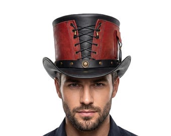 Steampunk Korsett Leder Zylinder, Rote Schnür Goth Cap, Industrial Gear Headwear, Renaissance Cosplay Hut, Rindsleder Cap